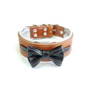 Bestia  Zgarda Bowtie-Papion, Piele Naturala, Maro/Negru,  Size L Rase St Bernard, Husky, Bulldog etc